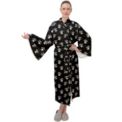 Cat Dog Animal Paw Prints Black And White Maxi Velour Kimono by SpinnyChairDesigns