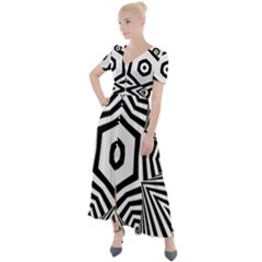 Black And White Line Art Stripes Pattern Button Up Short Sleeve Maxi Dress by SpinnyChairDesigns