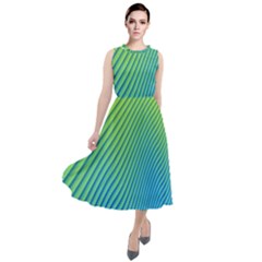 Blue Green Abstract Stripe Pattern  Round Neck Boho Dress by SpinnyChairDesigns