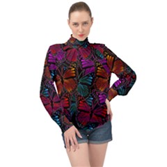 Colorful Monarch Butterfly Pattern High Neck Long Sleeve Chiffon Top by SpinnyChairDesigns