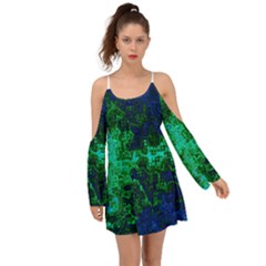 Abstract Green And Blue Techno Pattern Kimono Sleeves Boho Dress by SpinnyChairDesigns