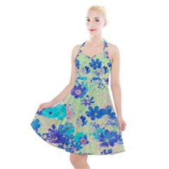 Cosmos Flowers Blue Halter Party Swing Dress  by DinkovaArt