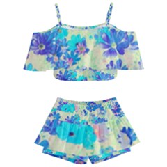 Cosmos Flowers Blue Kids  Off Shoulder Skirt Bikini by DinkovaArt