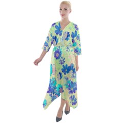 Cosmos Flowers Blue Quarter Sleeve Wrap Front Maxi Dress by DinkovaArt