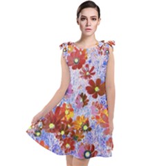 Cosmos Flowers Brown Tie Up Tunic Dress by DinkovaArt