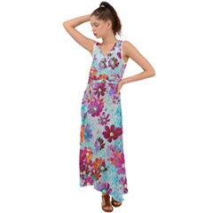 Cosmos Flowers V-neck Chiffon Maxi Dress by DinkovaArt