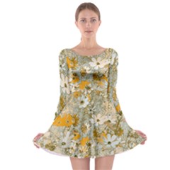 Cosmos Flowers Sepia Color Long Sleeve Skater Dress by DinkovaArt