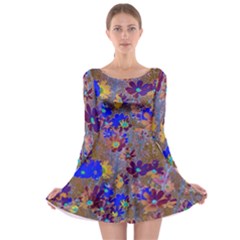 Cosmos Flowers Brown Blue Long Sleeve Skater Dress by DinkovaArt