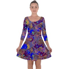 Cosmos Flowers Brown Blue Quarter Sleeve Skater Dress by DinkovaArt