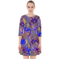 Cosmos Flowers Brown Blue Smock Dress by DinkovaArt