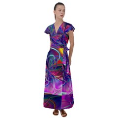 Rainbow Painting Pattern 2 Flutter Sleeve Maxi Dress by DinkovaArt