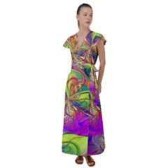 Rainbow Painting Pattern 4 Flutter Sleeve Maxi Dress by DinkovaArt