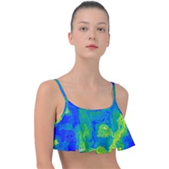 Neon Green Blue Grunge Texture Pattern Frill Bikini Top by SpinnyChairDesigns