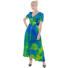 Neon Green Blue Grunge Texture Pattern Button Up Short Sleeve Maxi Dress by SpinnyChairDesigns