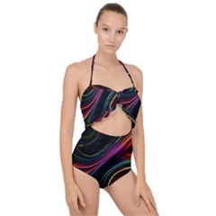 Neon Glow Lines On Black Scallop Top Cut Out Swimsuit by SpinnyChairDesigns