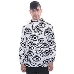 Black And White Cartoon Eyeballs Men s Front Pocket Pullover Windbreaker by SpinnyChairDesigns