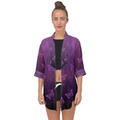 Purple Butterflies Pattern Open Front Chiffon Kimono by SpinnyChairDesigns