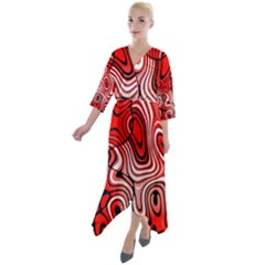 Black Red White Abstract Stripes Quarter Sleeve Wrap Front Maxi Dress by SpinnyChairDesigns