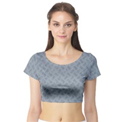 Grey Diamond Plate Metal Texture Short Sleeve Crop Top by SpinnyChairDesigns