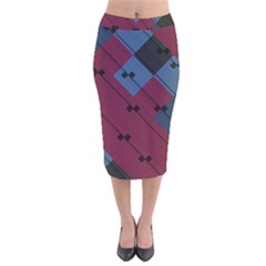 Burgundy Black Blue Abstract Check Pattern Velvet Midi Pencil Skirt by SpinnyChairDesigns