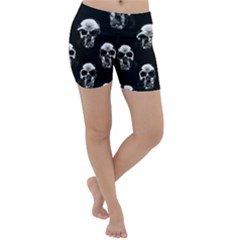 Black And White Skulls Lightweight Velour Yoga Shorts by SpinnyChairDesigns