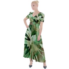 Green Brown Abstract Floral Pattern Button Up Short Sleeve Maxi Dress by SpinnyChairDesigns