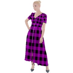 Purple Black Buffalo Plaid Button Up Short Sleeve Maxi Dress by SpinnyChairDesigns