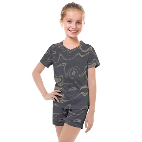 Taupe Umber Abstract Art Swirls Kids  Mesh Tee And Shorts Set by SpinnyChairDesigns