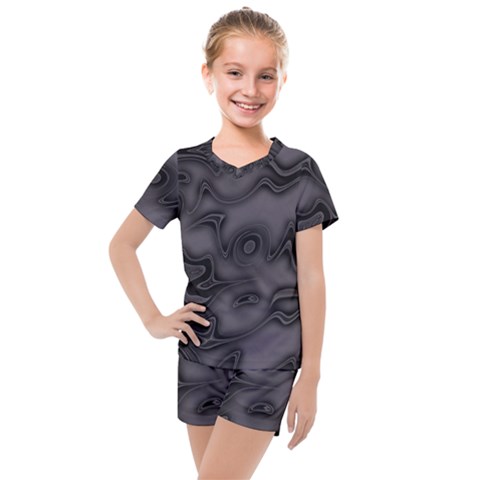 Dark Plum And Black Abstract Art Swirls Kids  Mesh Tee And Shorts Set by SpinnyChairDesigns