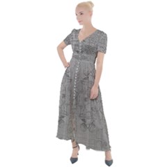 Silver Grey Decorative Floral Pattern Button Up Short Sleeve Maxi Dress by SpinnyChairDesigns