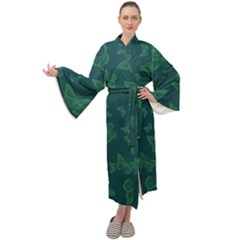 Midnight Green Butterflies Pattern Maxi Velour Kimono by SpinnyChairDesigns