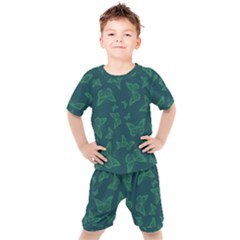 Midnight Green Butterflies Pattern Kids  Tee And Shorts Set by SpinnyChairDesigns