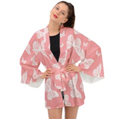 Pink And White Butterflies Long Sleeve Kimono by SpinnyChairDesigns