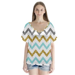 Chevron  V-neck Flutter Sleeve Top by Sobalvarro