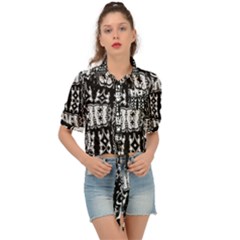 Abstract Black And White Stripes Checkered Pattern Tie Front Shirt  by SpinnyChairDesigns