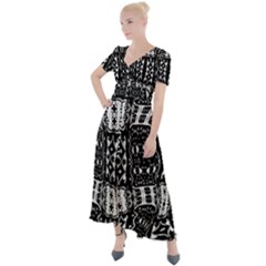 Abstract Black And White Stripes Checkered Pattern Button Up Short Sleeve Maxi Dress by SpinnyChairDesigns