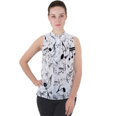 Black And White Music Notes Mock Neck Chiffon Sleeveless Top by SpinnyChairDesigns