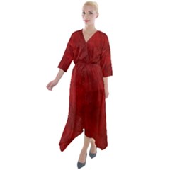 Scarlet Red Velvet Color Faux Texture Quarter Sleeve Wrap Front Maxi Dress by SpinnyChairDesigns