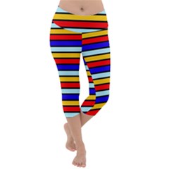 Red And Blue Contrast Yellow Stripes Lightweight Velour Capri Yoga Leggings by tmsartbazaar