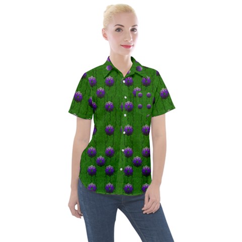 Power To The Big Flowers Festive Women s Short Sleeve Pocket Shirt by pepitasart