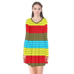 Multicolor With Black Lines Long Sleeve V-neck Flare Dress by tmsartbazaar