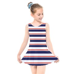 Red With Blue Stripes Kids  Skater Dress Swimsuit by tmsartbazaar