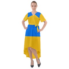 Bright Yellow With Blue Front Wrap High Low Dress by tmsartbazaar