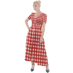 Red White Gingham Plaid Button Up Short Sleeve Maxi Dress by SpinnyChairDesigns