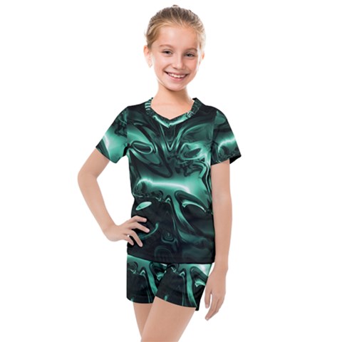 Biscay Green Black Abstract Art Kids  Mesh Tee And Shorts Set by SpinnyChairDesigns