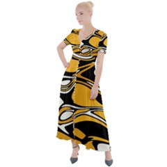 Black Yellow White Abstract Art Button Up Short Sleeve Maxi Dress by SpinnyChairDesigns