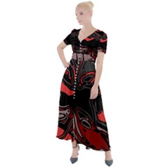 Red Black Grey Abstract Art Button Up Short Sleeve Maxi Dress by SpinnyChairDesigns