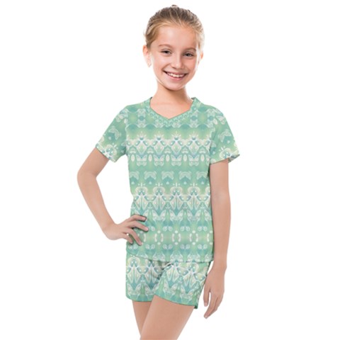 Boho Biscay Green Pattern Kids  Mesh Tee And Shorts Set by SpinnyChairDesigns