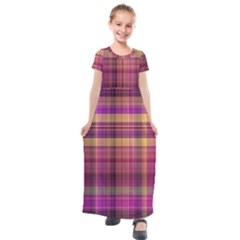 Magenta Gold Madras Plaid Kids  Short Sleeve Maxi Dress by SpinnyChairDesigns