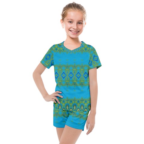 Boho Blue Green Pattern Kids  Mesh Tee And Shorts Set by SpinnyChairDesigns